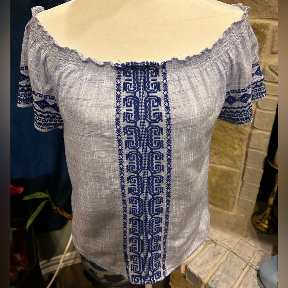 💯 Cotton Boho Off-Shoulder Light Blue Embroidered Tunic